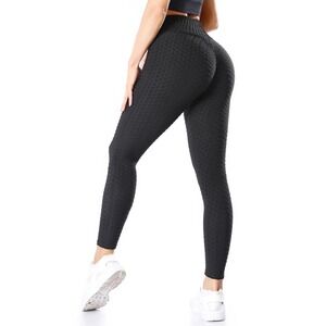 Fitvalen Womens Leggings Size M Black High Waist Textured Scrunch Butt Tummy